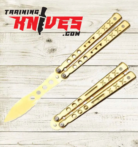 Hero – Snake Eye Tactical Gold Balisong Butterfly Training Knife (PK-1333GDGD) open trainer floating above the closed trainer, showcasing the gold-finished unsharpened 3Cr13 blade and stainless steel handles with visible latch lock.