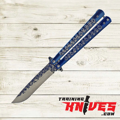 Hero – Blue Skulls 440 Steel Balisong Butterfly Trainer fully open, showcasing the unsharpened 440 stainless steel blade and blue skull-engraved handles Hero – Blue Skulls 440 Steel Balisong Butterfly Trainer fully open, showcasing the unsharpened 440 stainless steel blade and blue skull-engraved handles