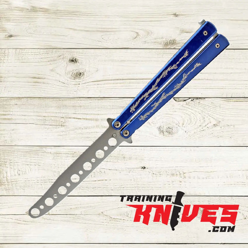 Hero – Blue Dragon 440 Steel Balisong Butterfly Trainer fully open with unsharpened blade, showcasing vibrant blue stainless steel handles with detailed dragon engraving Hero – Blue Dragon 440 Steel Balisong Butterfly Trainer fully open with unsharpened blade, showcasing vibrant blue stainless steel handles with detailed dragon engraving