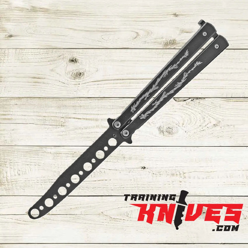 Hero – Black Dragon 440 Steel Balisong Butterfly Trainer shown fully closed, featuring black stainless steel handles with intricate dragon engraving and secure latch lock Hero – Black Dragon 440 Steel Balisong Butterfly Trainer shown fully closed, featuring black stainless steel handles with intricate dragon engraving and secure latch lock