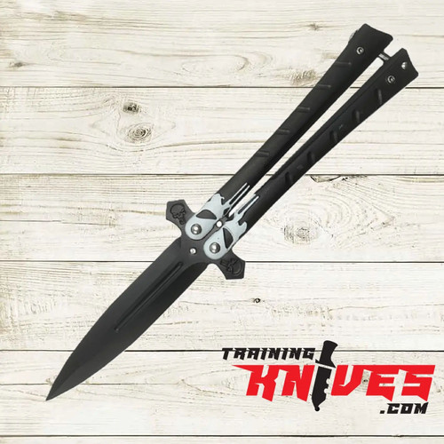 Hero – Punisher Skull 440 Steel Balisong Butterfly Trainer fully open with unsharpened blade, showcasing black stainless steel handles with detailed Punisher skull engravings Hero – Punisher Skull 440 Steel Balisong Butterfly Trainer fully open with unsharpened blade, showcasing black stainless steel handles with detailed Punisher skull engravings