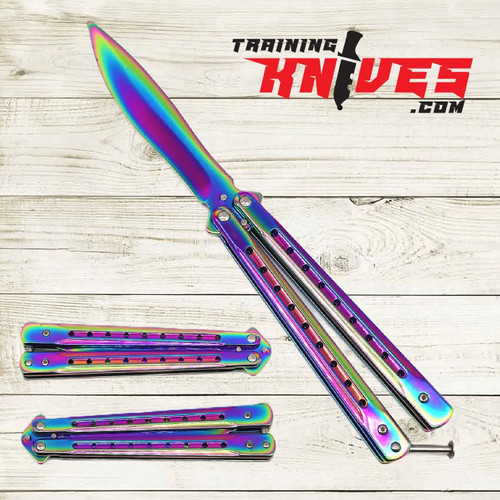 Hero – Rainbow 440 Steel Balisong Butterfly Trainer shown fully open with unsharpened stainless steel blade, alongside closed views from both sides displaying vibrant rainbow titanium-style skeletonized handles Hero – Rainbow 440 Steel Balisong Butterfly Trainer shown fully open with unsharpened stainless steel blade, alongside closed views from both sides displaying vibrant rainbow titanium-style skeletonized handles