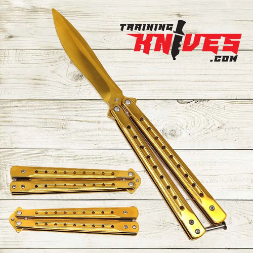 Hero – Gold 440 Steel Balisong Butterfly Trainer shown fully open with unsharpened stainless steel blade, alongside closed views from both sides displaying gold stainless steel skeletonized hand Hero – Gold 440 Steel Balisong Butterfly Trainer shown fully open with unsharpened stainless steel blade, alongside closed views from both sides displaying gold stainless steel skeletonized hand