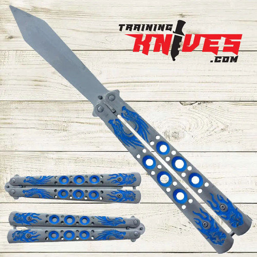 Hero – Blue Dragon 440 Steel Spear Point Balisong Butterfly Trainer shown fully open with unsharpened blade, alongside closed views from both sides displaying engraved blue stainless steel dragon handles Hero – Blue Dragon 440 Steel Spear Point Balisong Butterfly Trainer shown fully open with unsharpened blade, alongside closed views from both sides displaying engraved blue stainless steel dragon handles