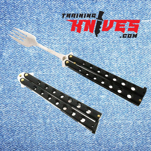Hero – Black 440 Steel Balisong Butterfly Fork shown fully open with stainless steel fork and closed side by side, black skeletonized stainless steel handles visible Hero – Black 440 Steel Balisong Butterfly Fork shown fully open with stainless steel fork and closed side by side, black skeletonized stainless steel handles visible
