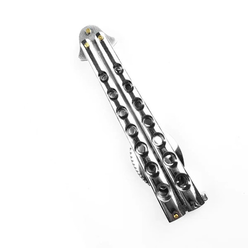 Silver 440 Steel Balisong Butterfly Spoon folded with silver stainless steel skeletonized handles and latch lock visible Silver 440 Steel Balisong Butterfly Spoon folded with silver stainless steel skeletonized handles and latch lock visible