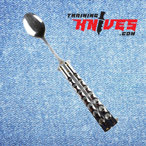 Hero – Silver 440 Steel Balisong Butterfly Spoon shown fully open with stainless steel spoon blade and silver skeletonized handles Hero – Silver 440 Steel Balisong Butterfly Spoon shown fully open with stainless steel spoon blade and silver skeletonized handles