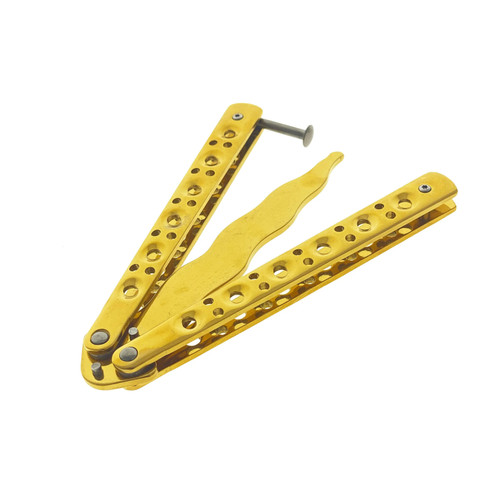 Gold 440 Steel Kriss Spear Point Balisong Butterfly Trainer partially open showing unsharpened blade and golden handles Gold 440 Steel Kriss Spear Point Balisong Butterfly Trainer partially open showing unsharpened blade and golden handles