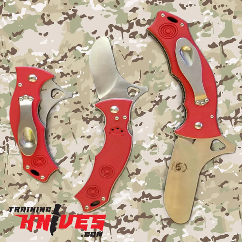 Hero – CSSD/SC Magnum Bram Frank Gunting LLC 8Cr13MoV Red G10 Training Drone shown closed, open with unsharpened blade and red G10 handles, and open with pocket clip visible Hero – CSSD/SC Magnum Bram Frank Gunting LLC 8Cr13MoV Red G10 Training Drone shown closed, open with unsharpened blade and red G10 handles, and open with pocket clip visible