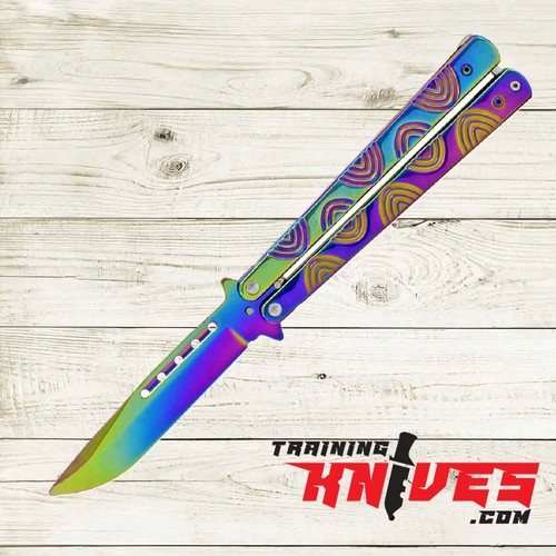 Hero - Rainbow 440 Steel Balisong Butterfly Trainer open with unsharpened blade and rainbow stainless steel skeletonized handles Hero - Rainbow 440 Steel Balisong Butterfly Trainer open with unsharpened blade and rainbow stainless steel skeletonized handles