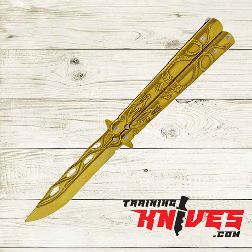 Hero View of the Gold Dragon 440 Steel Practice Balisong Butterfly Trainer SKU: KA1088GD Hero View of the Gold Dragon 440 Steel Practice Balisong Butterfly Trainer SKU: KA1088GD
