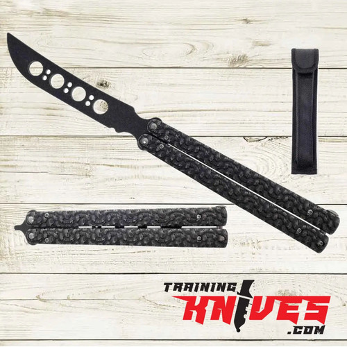 Hero – Big Boy Black 440 Steel 11" Balisong Butterfly Trainer shown open with unsharpened blade, closed side by side, and included sheath displayed, black stainless steel skeletonized handles visible Hero – Big Boy Black 440 Steel 11" Balisong Butterfly Trainer shown open with unsharpened blade, closed side by side, and included sheath displayed, black stainless steel skeletonized handles visible