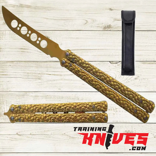 Hero – Big Boy Gold 440 Steel 11" Balisong Butterfly Trainer shown open with unsharpened blade, closed side by side, and included sheath displayed, gold stainless steel skeletonized handles visible Hero – Big Boy Gold 440 Steel 11" Balisong Butterfly Trainer shown open with unsharpened blade, closed side by side, and included sheath displayed, gold stainless steel skeletonized handles visible