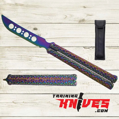 Hero – Big Boy Rainbow 440 Steel 11" Balisong Butterfly Trainer shown open with unsharpened blade, closed side by side, and included sheath displayed, rainbow stainless steel handles visible Hero – Big Boy Rainbow 440 Steel 11" Balisong Butterfly Trainer shown open with unsharpened blade, closed side by side, and included sheath displayed, rainbow stainless steel handles visible