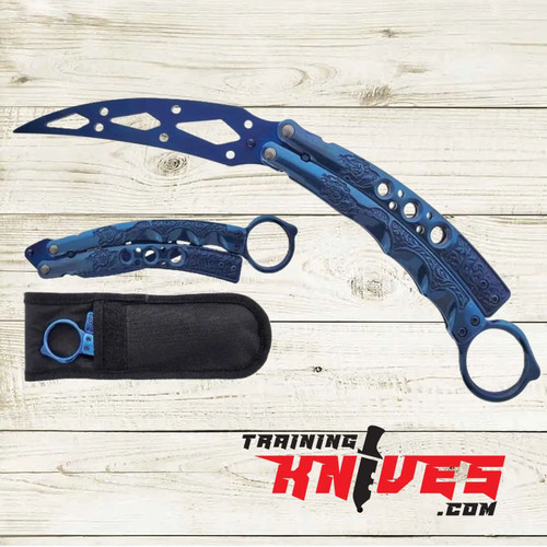 Hero – Blue 440 Steel Balisong Karasong Karambit Trainer shown open with unsharpened curved karambit-style blade and closed side by side, blue stainless steel skeletonized handles visible Hero – Blue 440 Steel Balisong Karasong Karambit Trainer shown open with unsharpened curved karambit-style blade and closed side by side, blue stainless steel skeletonized handles visible