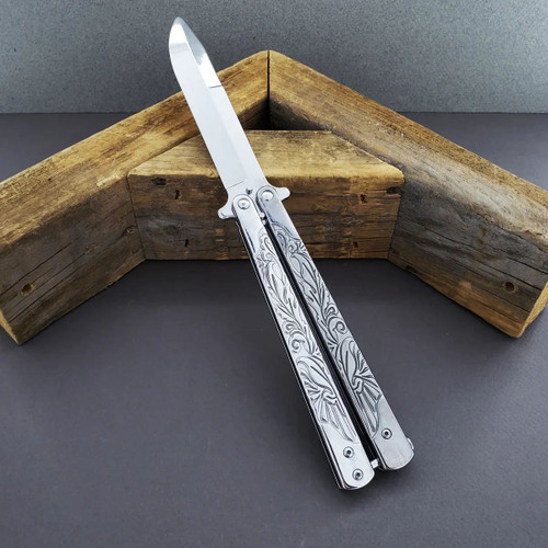 Main View of the Chrome Engraved 440 Unsharpened Practice Butterfly Balisong Trainer SKU: KA1047CH