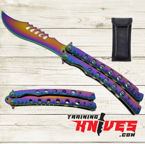 Hero – Rainbow 440 Steel Balisong Butterfly Trainer shown open with unsharpened blade and closed side by side, rainbow stainless steel handles visible Hero – Rainbow 440 Steel Balisong Butterfly Trainer shown open with unsharpened blade and closed side by side, rainbow stainless steel handles visible