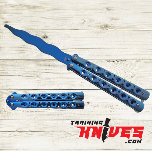 Hero – Blue 440 Steel Kriss Balisong Butterfly Trainer shown open and closed side by side with unsharpened kriss-style blade and blue stainless steel handles Hero – Blue 440 Steel Kriss Balisong Butterfly Trainer shown open and closed side by side with unsharpened kriss-style blade and blue stainless steel handles