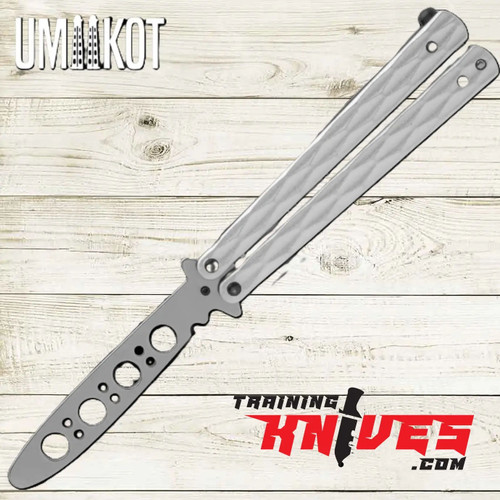 Hero – Umiikot Silver Balisong Butterfly Trainer open with dull stainless steel trainer blade and solid silver aluminum handles Hero – Umiikot Silver Balisong Butterfly Trainer open with dull stainless steel trainer blade and solid silver aluminum handles