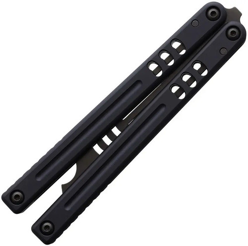 Squid Industries Mako V5 410 Inked Balisong Butterfly Trainer folded view with compact black-coated stainless steel handles and concealed trainer blade Squid Industries Mako V5 410 Inked Balisong Butterfly Trainer folded view with compact black-coated stainless steel handles and concealed trainer blade