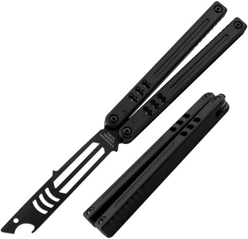 Squid Industries Mako V5 410 Inked Balisong Butterfly Trainer shown folded and fully open side by side for comparison Squid Industries Mako V5 410 Inked Balisong Butterfly Trainer shown folded and fully open side by side for comparison