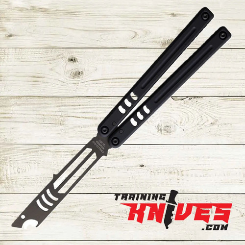 Hero – Squid Industries Mako V5 410 Inked Balisong Butterfly Trainer open with black-coated stainless steel handles and trainer blade Hero – Squid Industries Mako V5 410 Inked Balisong Butterfly Trainer open with black-coated stainless steel handles and trainer blade