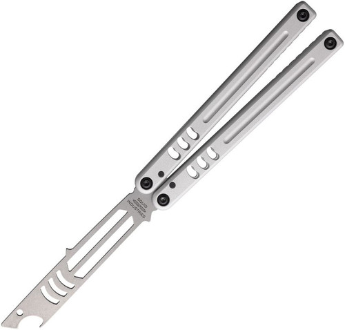 Hero – Squid Industries Mako V5 410 Satin Balisong Butterfly Trainer open with stainless steel handles and trainer blade Hero – Squid Industries Mako V5 410 Satin Balisong Butterfly Trainer open with stainless steel handles and trainer blade