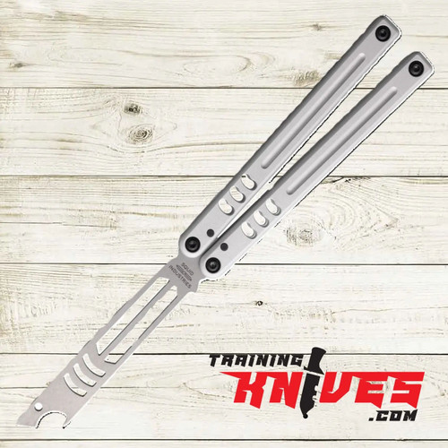 Hero – Squid Industries Mako V5 410 Satin Balisong Butterfly Trainer open with stainless steel handles and trainer blade Hero – Squid Industries Mako V5 410 Satin Balisong Butterfly Trainer open with stainless steel handles and trainer blade