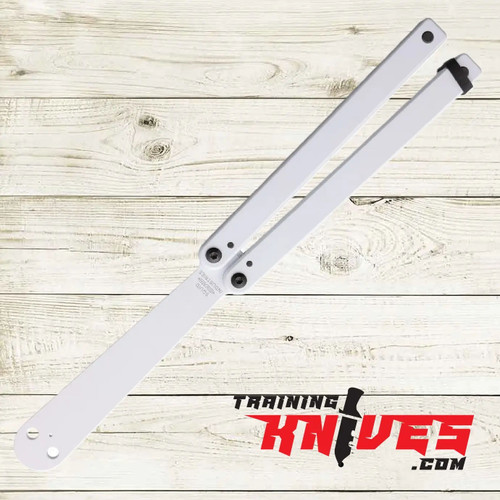 Hero – Squid Industries Squiddy White CPVC Balisong Butterfly Trainer open with unsharpened blade and CPVC handles Hero – Squid Industries Squiddy White CPVC Balisong Butterfly Trainer open with unsharpened blade and CPVC handles