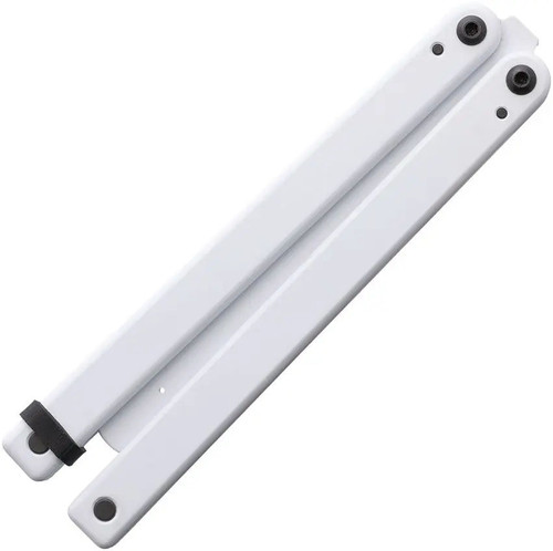 Squid Industries Squiddy White CPVC Balisong Butterfly Trainer folded view with compact CPVC handles and trainer blade concealed Squid Industries Squiddy White CPVC Balisong Butterfly Trainer folded view with compact CPVC handles and trainer blade concealed