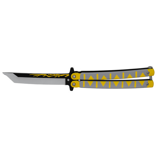 Yellow Flame 440 Steel Aluminum Tanto Practice Butterfly Balisong Trainer SKU: KA986 Yellow Flame 440 Steel Aluminum Tanto Practice Butterfly Balisong Trainer SKU: KA986