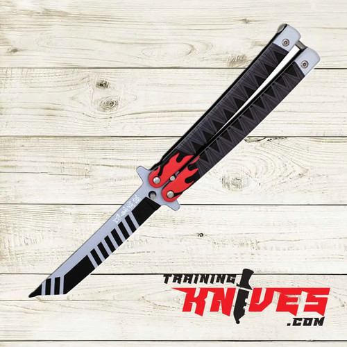 Hero – Samurai Flame 440 Steel Aluminum Tanto Practice Butterfly Balisong Trainer open with dull tanto blade and black aluminum handles featuring flame accents Hero – Samurai Flame 440 Steel Aluminum Tanto Practice Butterfly Balisong Trainer open with dull tanto blade and black aluminum handles featuring flame accents