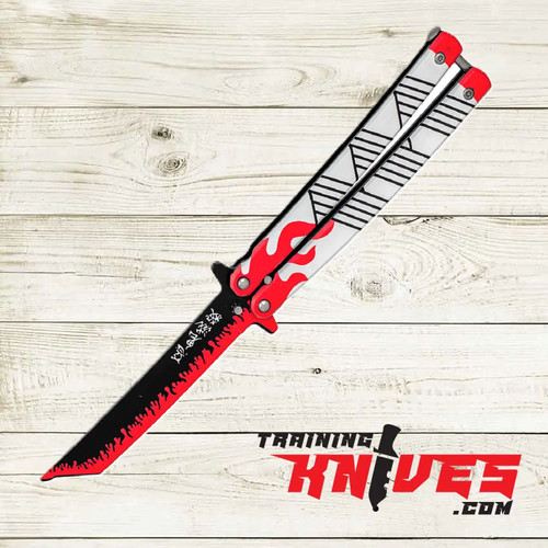 Hero – Blood Flame 440 Steel Aluminum Tanto Practice Butterfly Balisong Trainer open with dull tanto-style blade and black aluminum handles with red flame accents Hero – Blood Flame 440 Steel Aluminum Tanto Practice Butterfly Balisong Trainer open with dull tanto-style blade and black aluminum handles with red flame accents