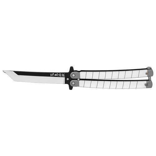 Black and White Samurai 440 Steel Aluminum Tanto Practice Butterfly Balisong Trainer SKU: KA994 Black and White Samurai 440 Steel Aluminum Tanto Practice Butterfly Balisong Trainer SKU: KA994