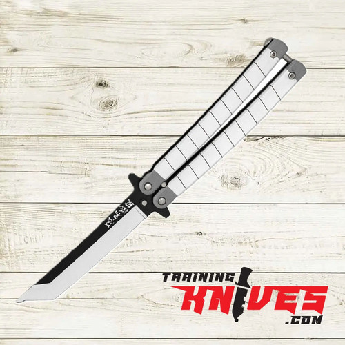 Hero – Black and White Samurai 440 Steel Aluminum Tanto Practice Butterfly Balisong Trainer open with dull tanto-style blade and white Samurai accented aluminum handles Hero – Black and White Samurai 440 Steel Aluminum Tanto Practice Butterfly Balisong Trainer open with dull tanto-style blade and white Samurai accented aluminum handles