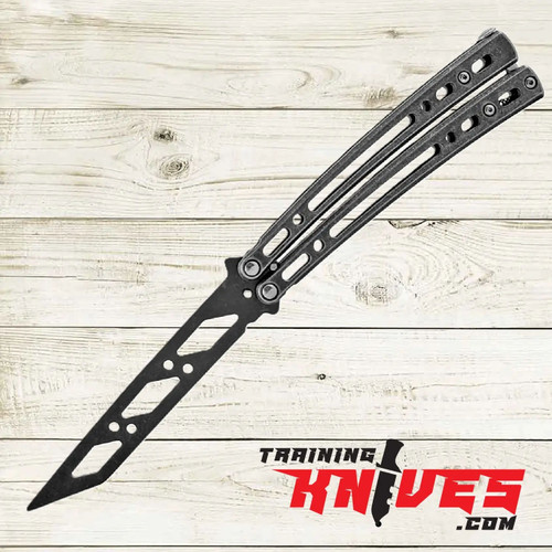 Hero – Black 440 Steel Aluminum Tanto Practice Butterfly Balisong Trainer fully open with tanto-style dull blade and black aluminum handles Hero – Black 440 Steel Aluminum Tanto Practice Butterfly Balisong Trainer fully open with tanto-style dull blade and black aluminum handles