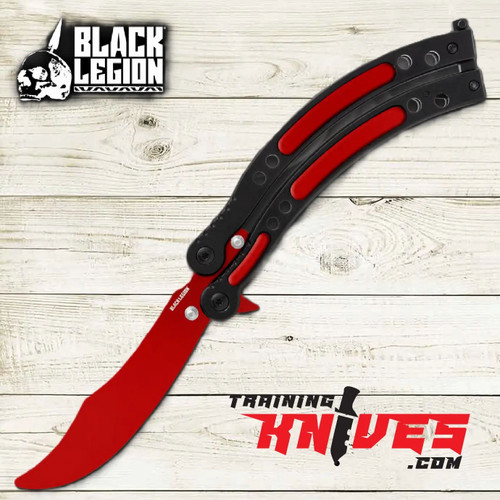 Black Legion red butterfly balisong trainer open showing scimitar style trainer blade