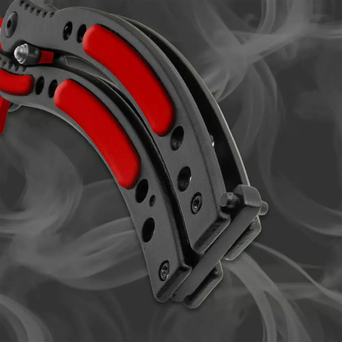Butterfly balisong trainer handle close-up showing red stainless steel handle design