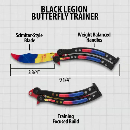 Butterfly balisong trainer measurement diagram showing trainer open and closed with size markings