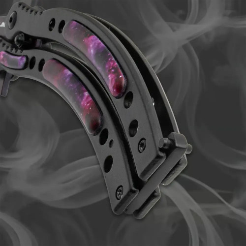 Galaxy pattern butterfly trainer handle close-up showing stainless steel handle design