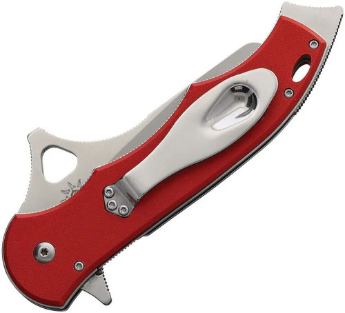 CSSD SC Bram Frank Abaniko 2 Redonda Drone Training Military Knife shown closed with red G10 handle, pocket clip, and lanyard hole visible