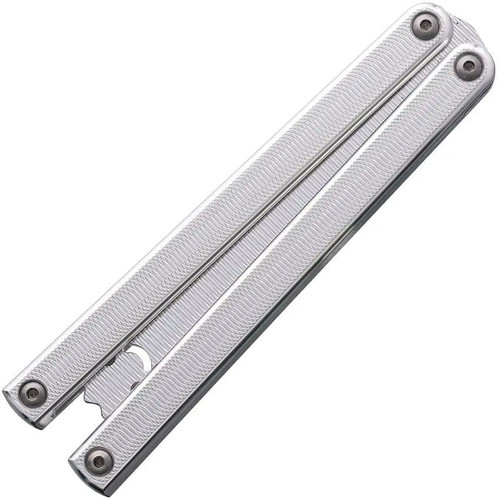 Squid Industries Squiddy Al 6061 Silver Balisong Butterfly Trainer shown closed with silver aluminum handles in latch-less design