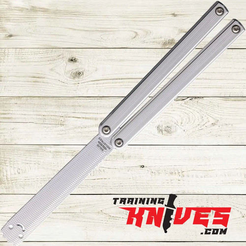 Squid Industries Squiddy Al 6061 Silver Balisong Butterfly Trainer shown open with silver square tip trainer blade and aluminum handles