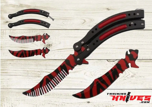 Snake Eye Tactical Red Black 3Cr13MoV Aluminum Butterfly Comb Trainer shown with the open comb trainer, handle scales, interchangeable embossed trainer blade, and comb displayed together