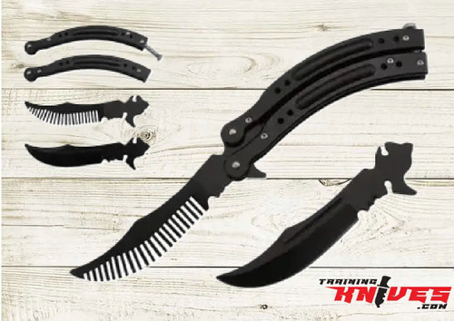Snake Eye Tactical Black 3Cr13MoV Aluminum Butterfly Comb Trainer shown open with comb attachment installed and separate handles, comb attachment, and blunt trainer blade displayed together in the same image