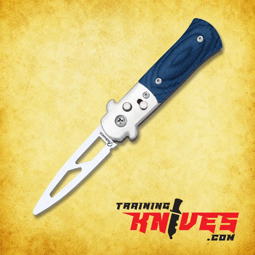 Albainox Automatic Satin Blue Aluminum Pocket Dagger Trainer shown fully open with the blue handle, satin trainer blade, and automatic button visible