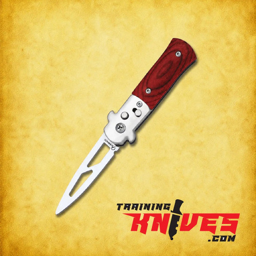 Albainox Automatic Satin Red Aluminum Pocket Dagger Trainer shown fully open from the non-clip side with the red handle and satin trainer blade visible