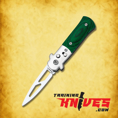 Albainox Automatic Satin Green Aluminum Pocket Dagger Trainer shown fully open from the non-clip side with the green handle and satin trainer blade visible