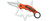 Fox Dart Satin 420C Orange G10 Karambit Trainer side profile showing curved trainer blade, pocket clip, and ergonomic handle