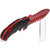 Red aluminum fixed blade trainer on stand with handle facing camera